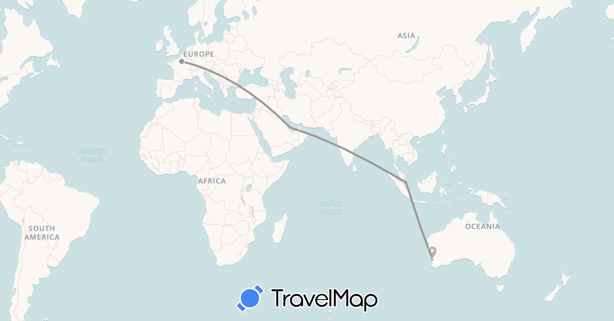 TravelMap itinerary: driving, plane in Australia, France, Qatar, Singapore (Asia, Europe, Oceania)